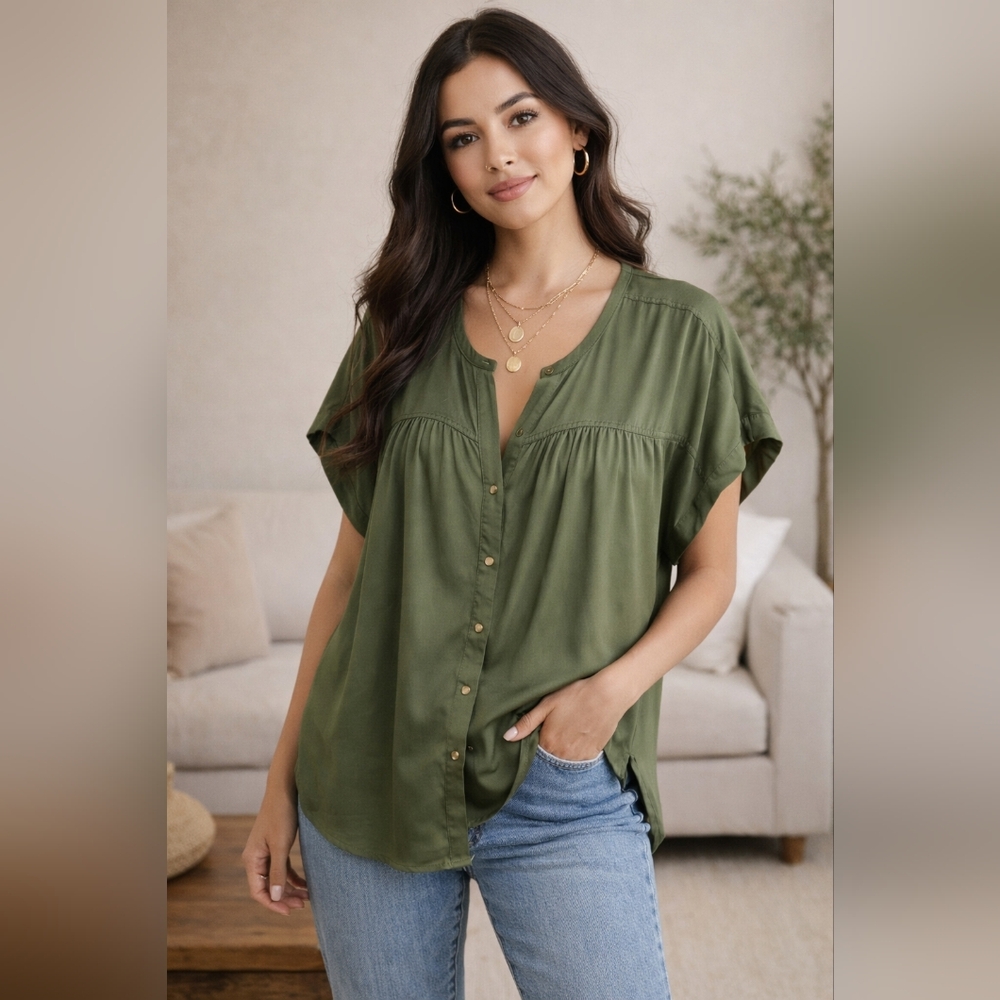 Lou & Grey LOFT Olive Green Button Front Open V Neck Tunic XL Blouse Lyocell